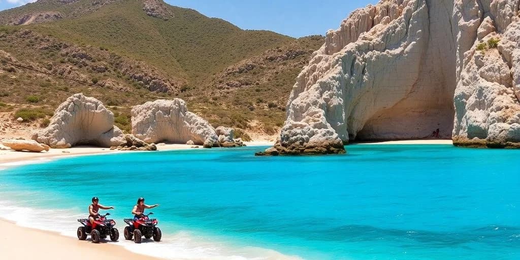 Rocky coastline at Top Combo Adventure Tours in Cabo with turquoise water, green hills