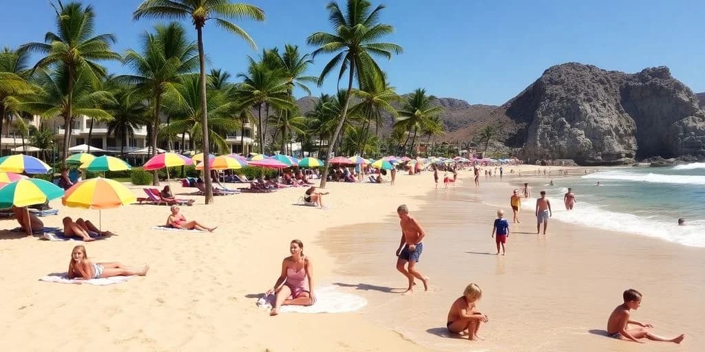 Crowded beach 2 at Top Family-Friendly Resorts in Los Cabos for 2026 with palm trees, colorful umbrellas