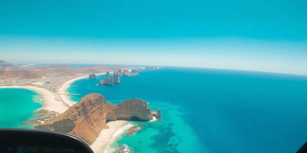 Coastal cliffs at Top Helicopter Tours in Cabo aerial view, with ocean, clear sky