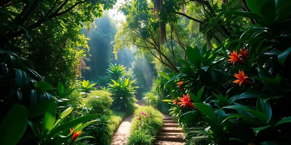 Tropical garden at Top Jungle Tours in Cabo with winding path, sun rays