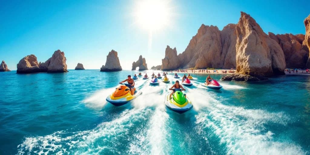 Jet skis at Top Places to Rent Jet Skis in Cabo for a Fun Day in ocean, with rock formations