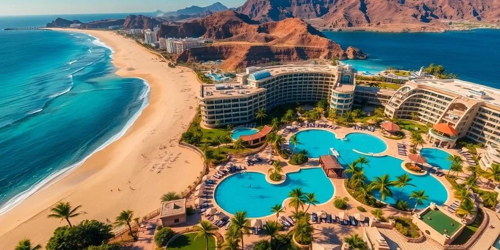 Resort aerial at Top-Rated All-Inclusive Resorts in Los Cabos for 2026 with multiple pools, mountains