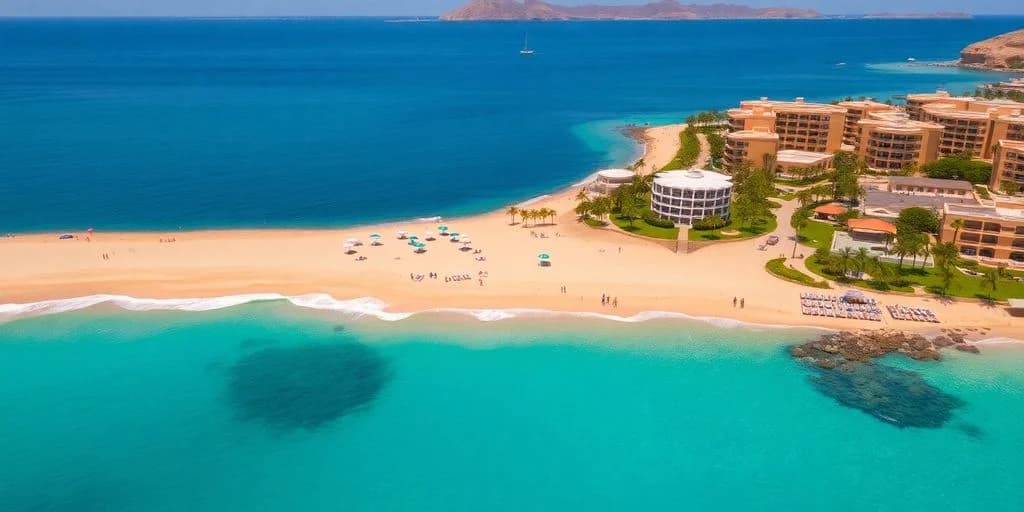 Beach aerial at Top-Rated Beaches in Los Cabos for 2026 with turquoise water, resort building