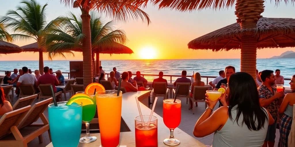 Beach bar at Top-Rated Best Bars in Los Cabos for 2026 at sunset, with ocean beyond