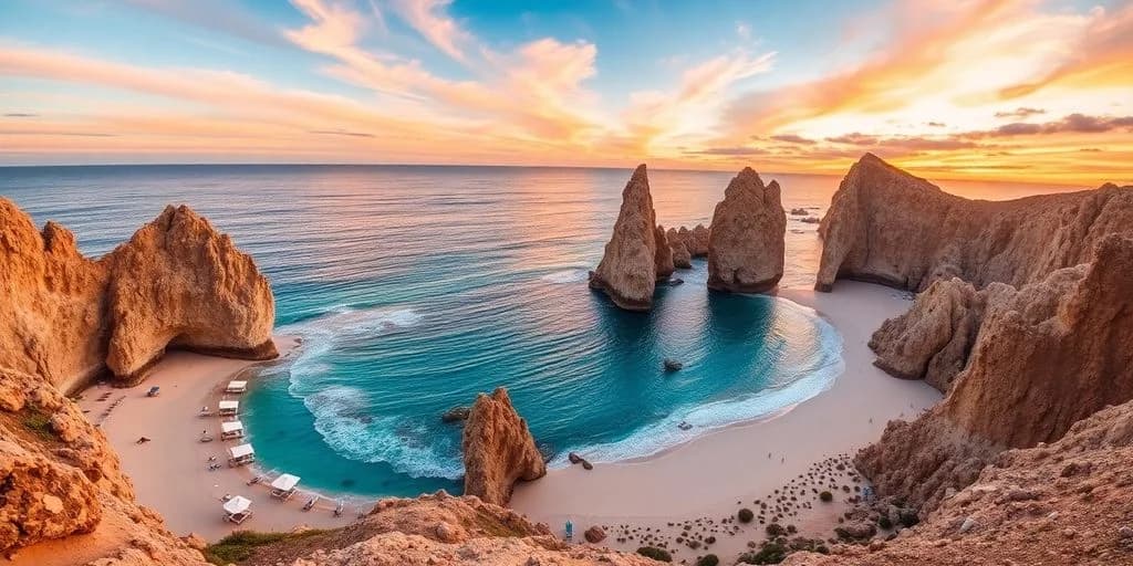 Ocean cliffs at Top-Rated Best Instagram Spots in Los Cabos for 2026 aerial view, at sunset