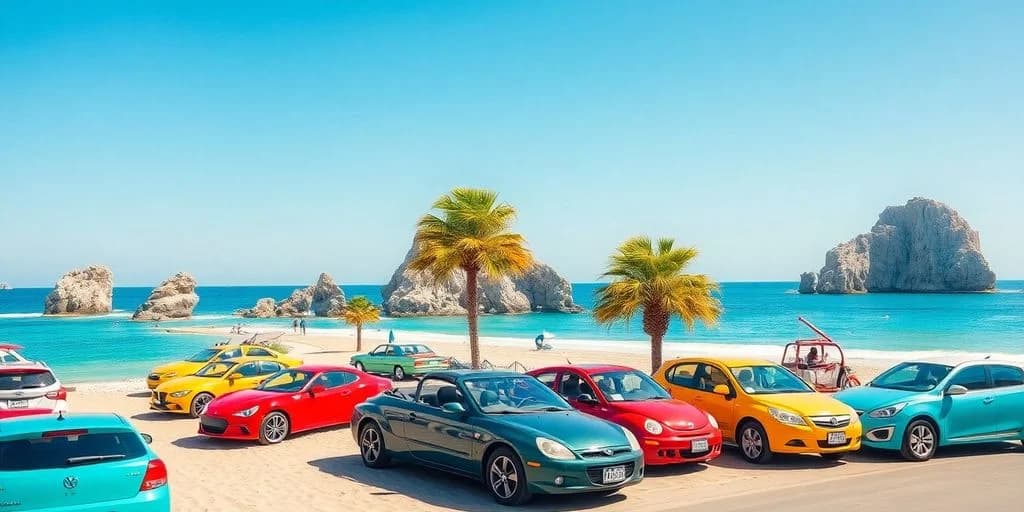 Beach parking at Top-Rated Car Rentals in Los Cabos for 2026 with palm trees, rock formations