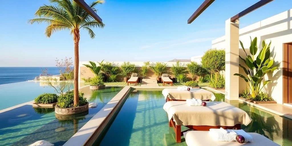 Outdoor spa at Top-Rated Day Spas in Los Cabos for 2026 with pool, lounge chairs