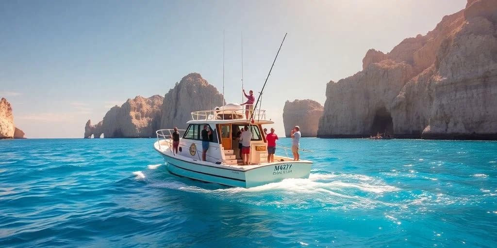 Fishing boat at Top-Rated Fishing Charters in Los Cabos for 2026 with people, rock formations