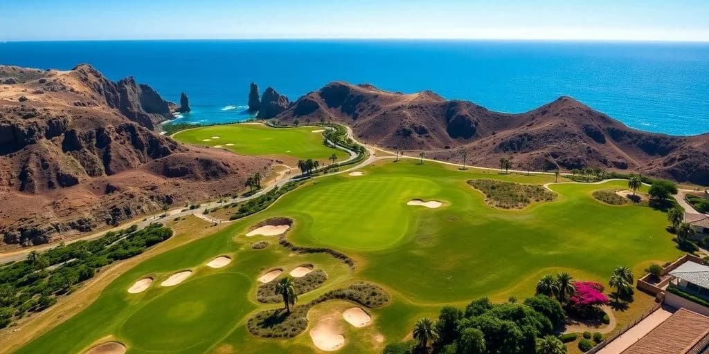 Golf course at Top-Rated Golf Courses in Los Cabos for 2026 with ocean beyond, aerial view