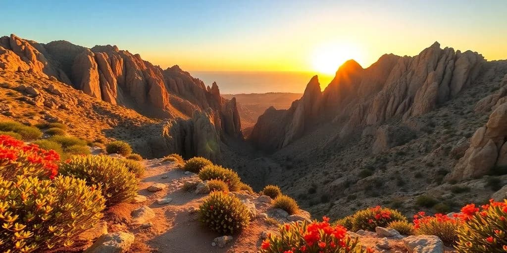 Mountain canyon at Top-Rated Hiking Trails in Los Cabos for 2026 at sunset, with desert plants