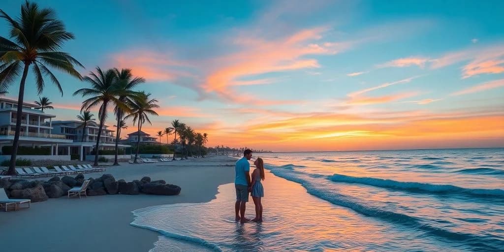 Couple on beach at Top-Rated Honeymoon Resorts in Los Cabos for 2026 at sunset, with ocean waves