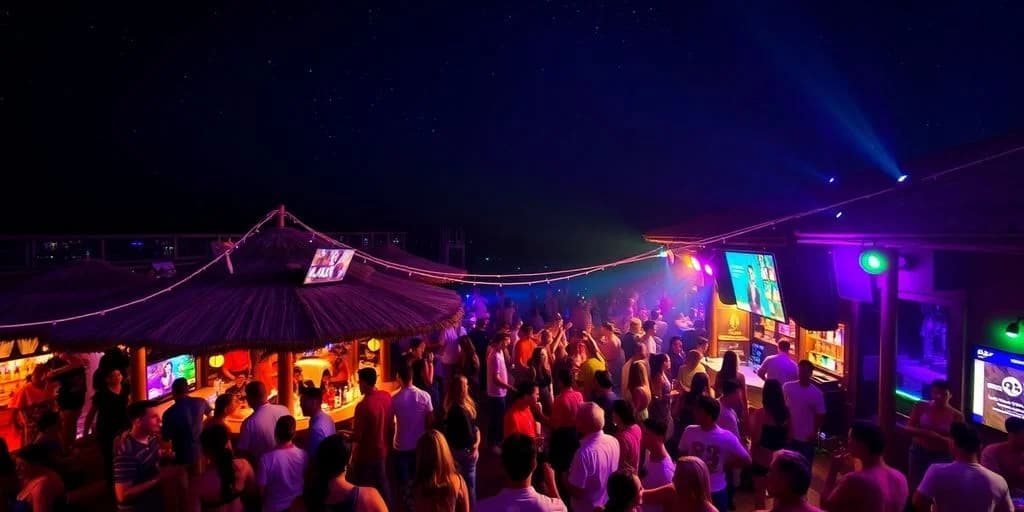 Beach party at Top-Rated Nightlife in Los Cabos for 2026 at night, with bar and lights