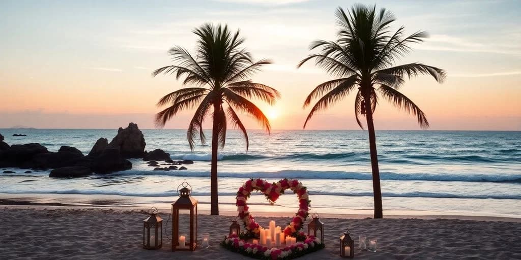 Beach wedding setup at Top-Rated Romantic Getaways in Los Cabos for 2026 at sunset, with ocean beyond