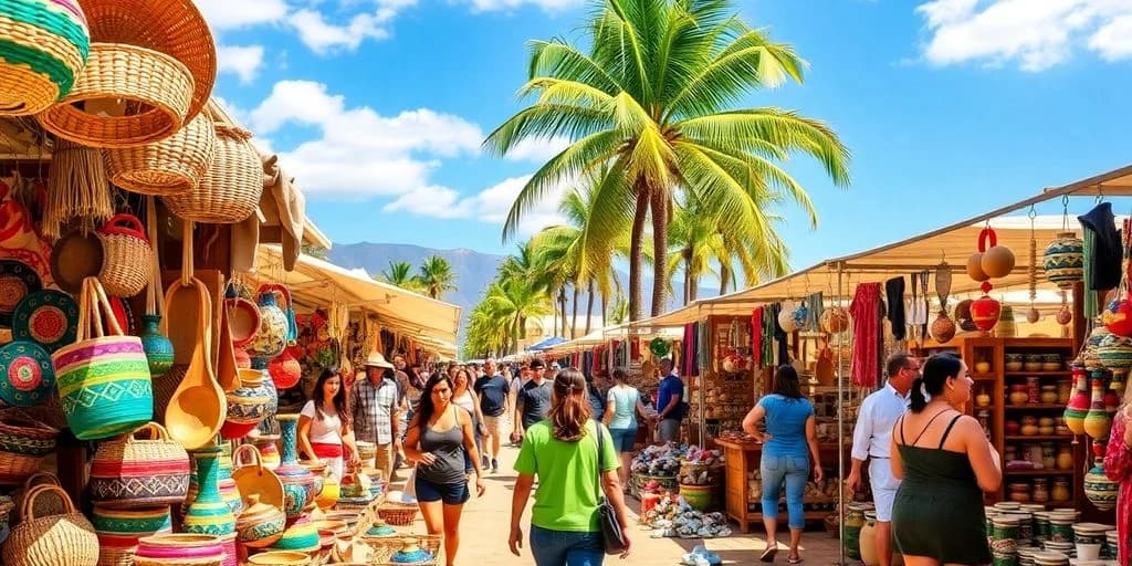 Outdoor market at Top-Rated Souvenir Shopping in Los Cabos for 2026 with palm trees, many people