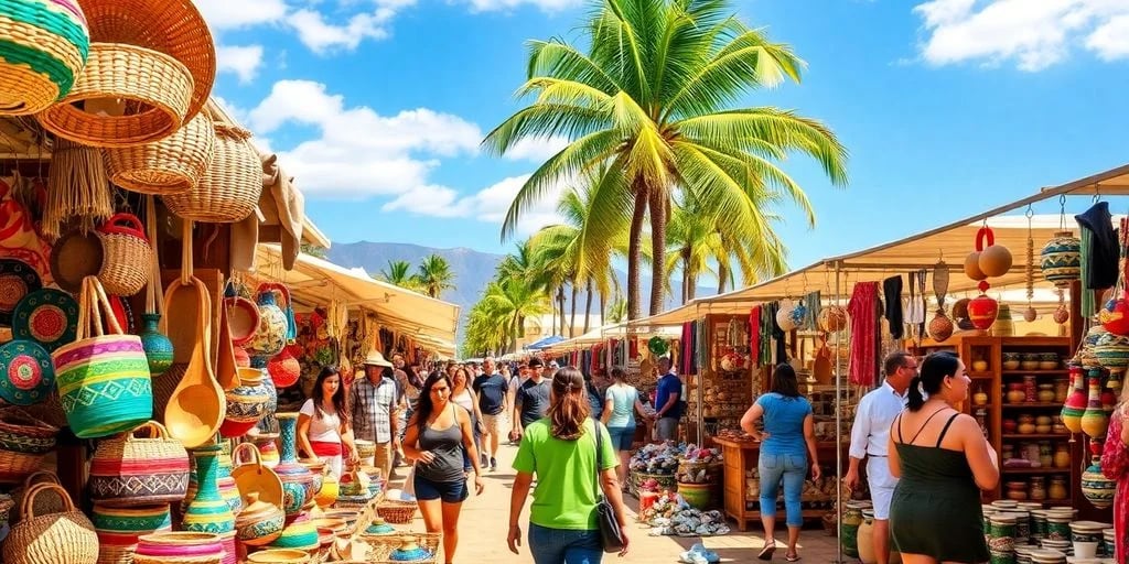 Outdoor market at Top-Rated Souvenir Shopping in Los Cabos for 2026 with palm trees, many people