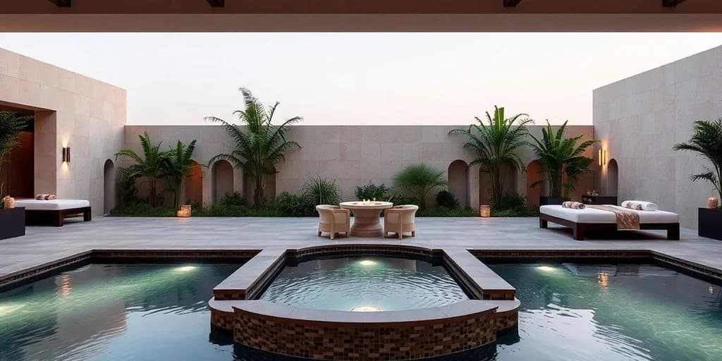 Outdoor patio at Top-Rated Spas in Los Cabos for 2026 with small pool, seating area