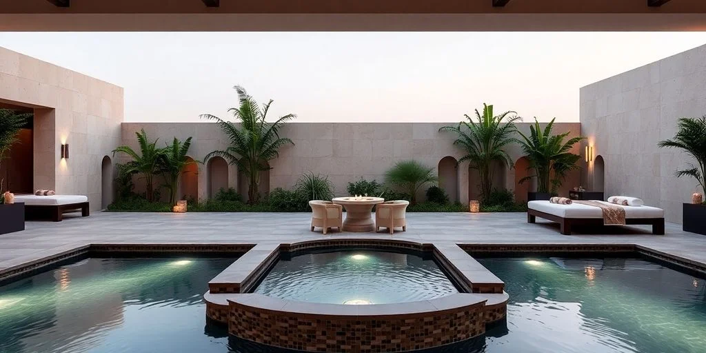 Outdoor patio at Top-Rated Spas in Los Cabos for 2026 with small pool, seating area