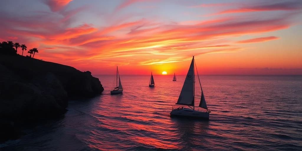 Sailboats at sunset at Top-Rated Sunset Cruises in Los Cabos for 2026 on ocean, vibrant sky