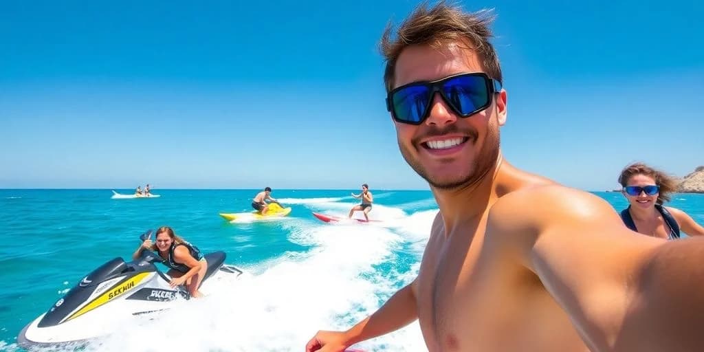 Man on boat at Top-Rated Water Sports in Los Cabos for 2026 with people waterskiing, clear sky