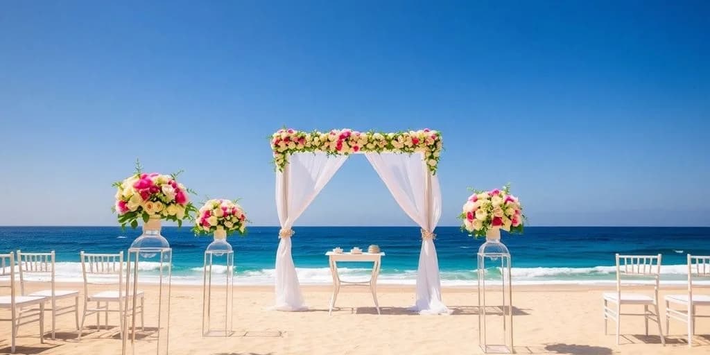 Beach wedding arch at Top-Rated Wedding Planners in Los Cabos for 2026 with flowers, ocean background