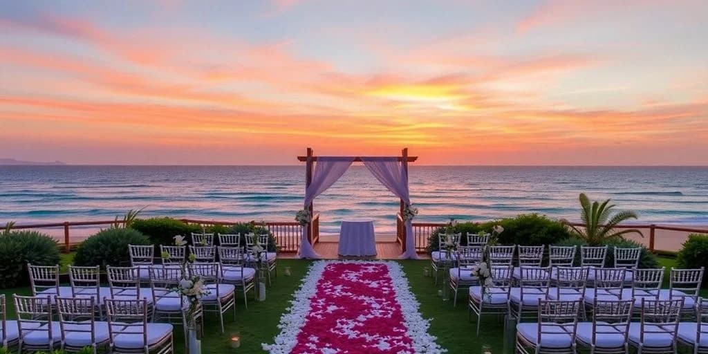 Wedding ceremony setup at Top-Rated Wedding Venues in Los Cabos for 2026 overlooking ocean, at sunset