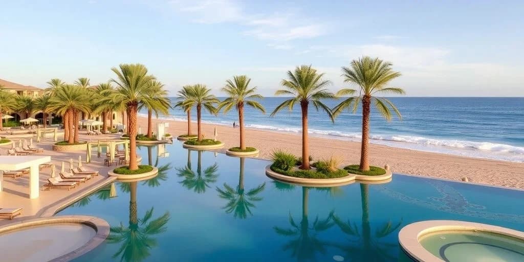 Infinity pool at Top-Rated Wellness Retreats in Los Cabos for 2026 with palm trees, ocean beyond