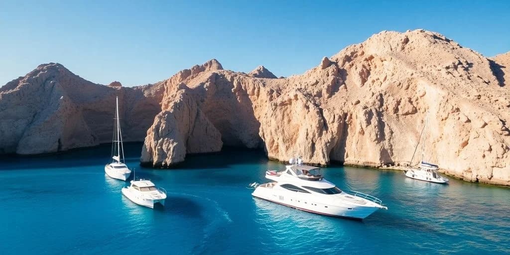 Luxury yacht at Top-Rated Yacht Rentals in Los Cabos for 2026 anchored near rocky cliffs, clear water
