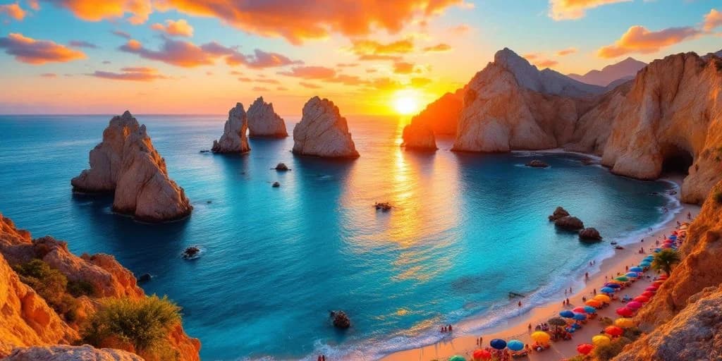 Ocean sunset at Top Things to Do in Los Cabos for Every Traveler with rock formations, beach below