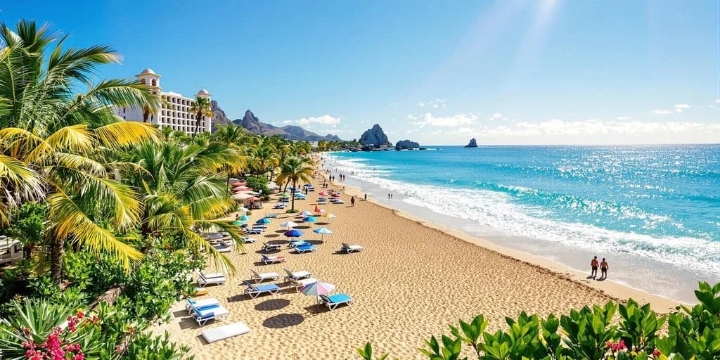 Crowded beach at Top tips for planning a trip around all inclusive resorts in san lucas cabo with umbrellas, palm trees