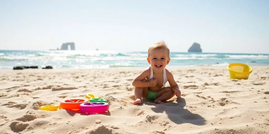 Baby on beach at Trusted Babysitting Services in Cabo: Complete Guide playing with toys, ocean background