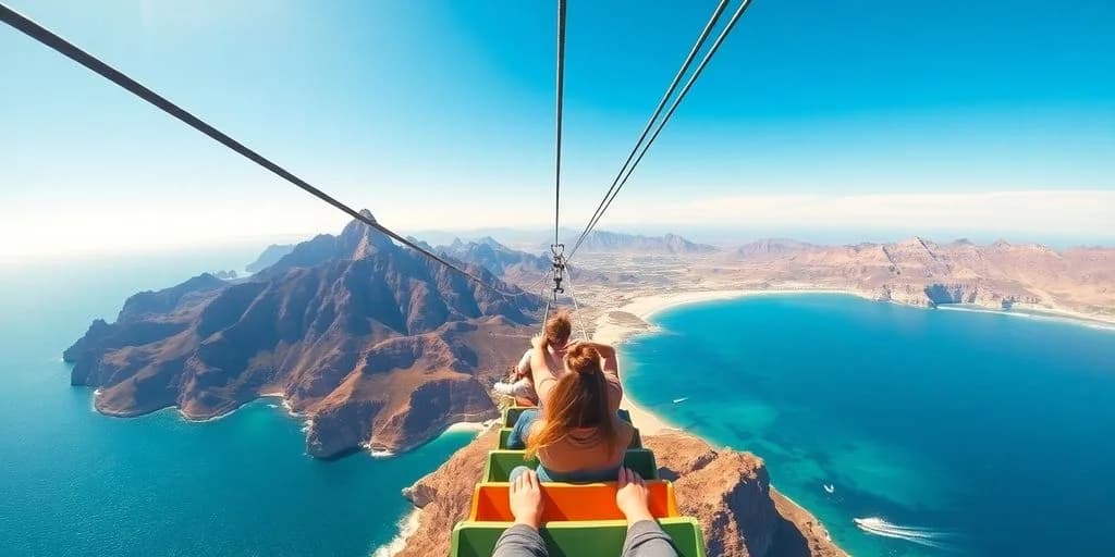 Zipline riders at Try the Zip Line Roller Coaster in Cabo over mountains, ocean vista