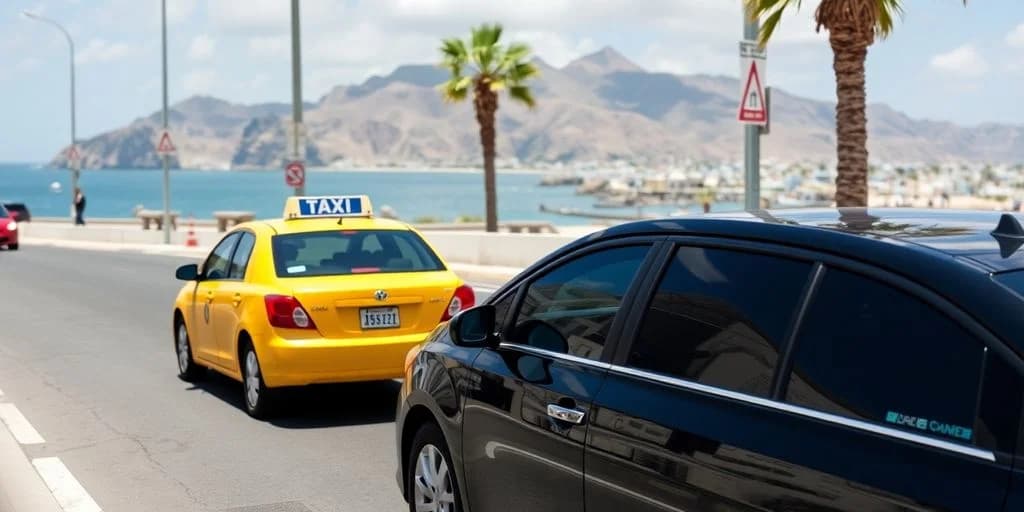 Taxi cab at Uber vs. Taxi in Los Cabos: 2026 Price Comparison yellow car, mountains beyond