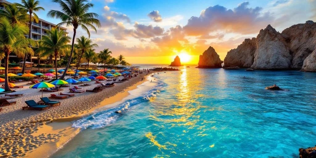 Beach sunset at Ultimate All-Inclusive Experiences Await in Cabo San Lucas, Mexico vibrant sky, ocean waves