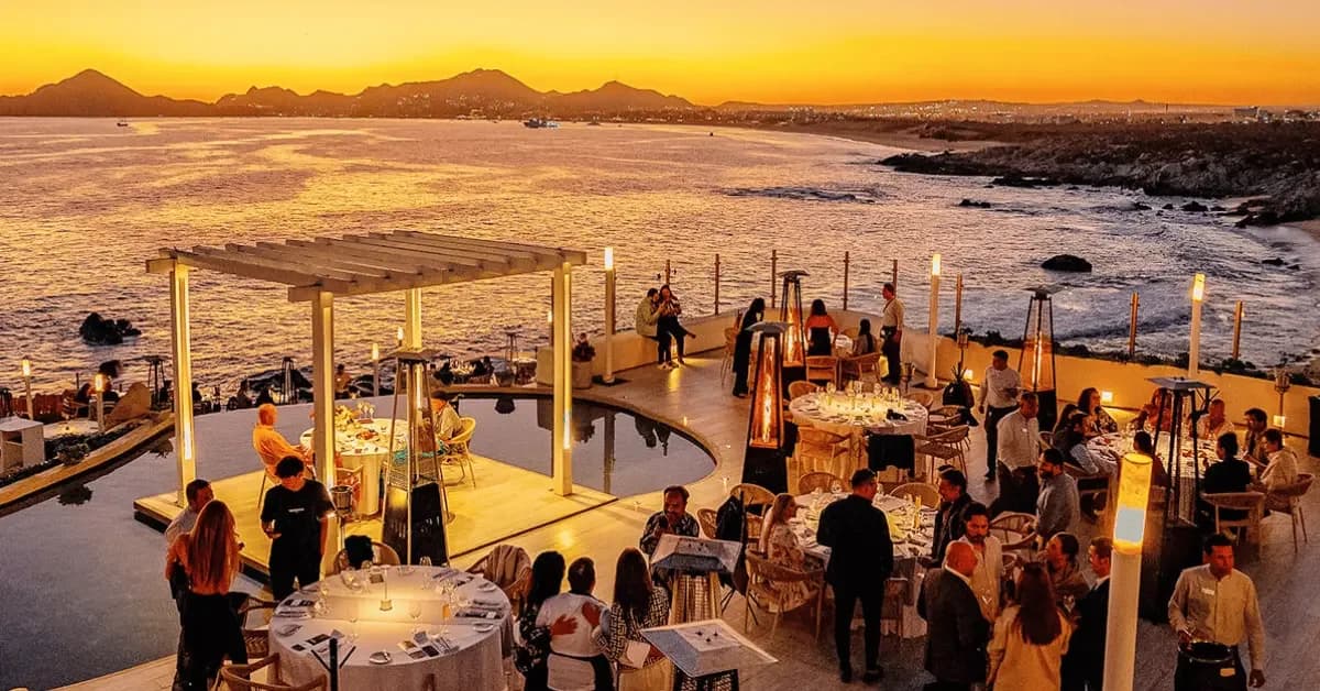 Outdoor restaurant at ULTIMATE Cabo Restaurant Guide 2026 at sunset, ocean view
