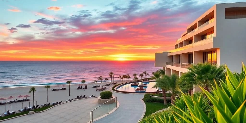 Resort pool at Una Mirada Interna al Hotel Nobu Cabo¡Reserva tu Estancia! at sunset, oceanfront view