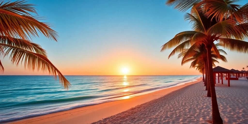 Beach sunrise at Unbelievable All-Inclusive Resorts in Cabo Mexico! calm ocean, palm tree
