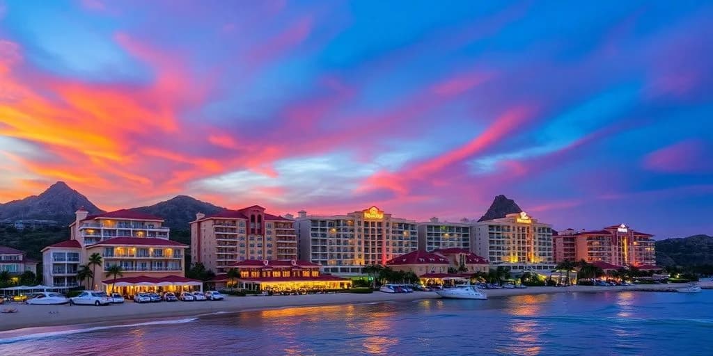 Waterfront buildings at Uncover Cabo San Lucas Hotels Offering Crazy Deals! at dusk, vibrant sky