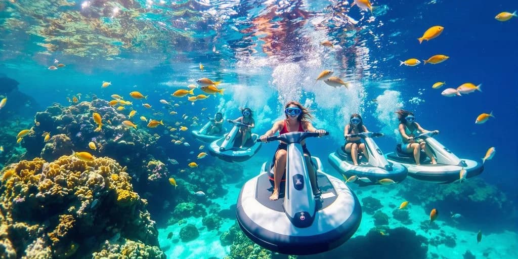 Underwater jet skis at Underwater Scooter Tours in Cabo with fish and clear water