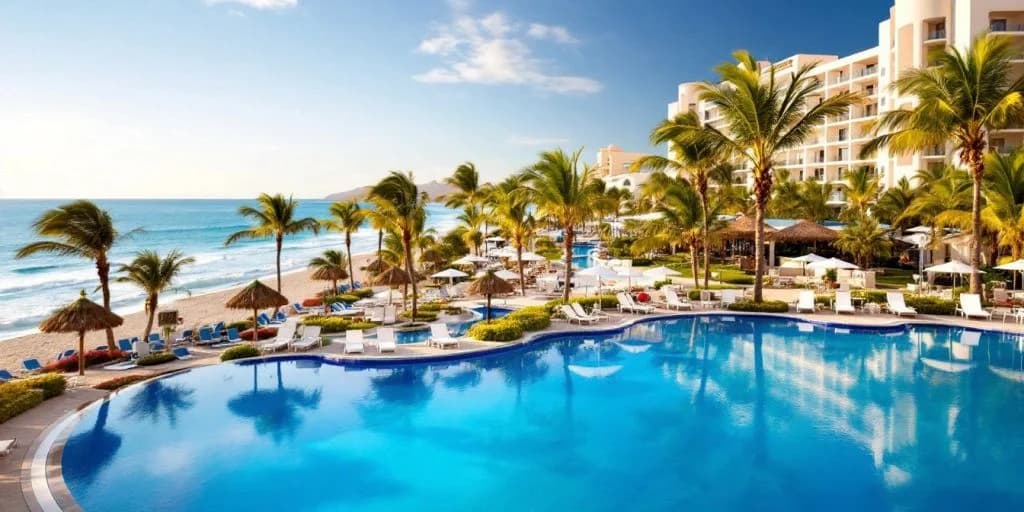 Resort pool at Unforgettable Stays Await at Riu Cabo with palm trees and ocean beyond