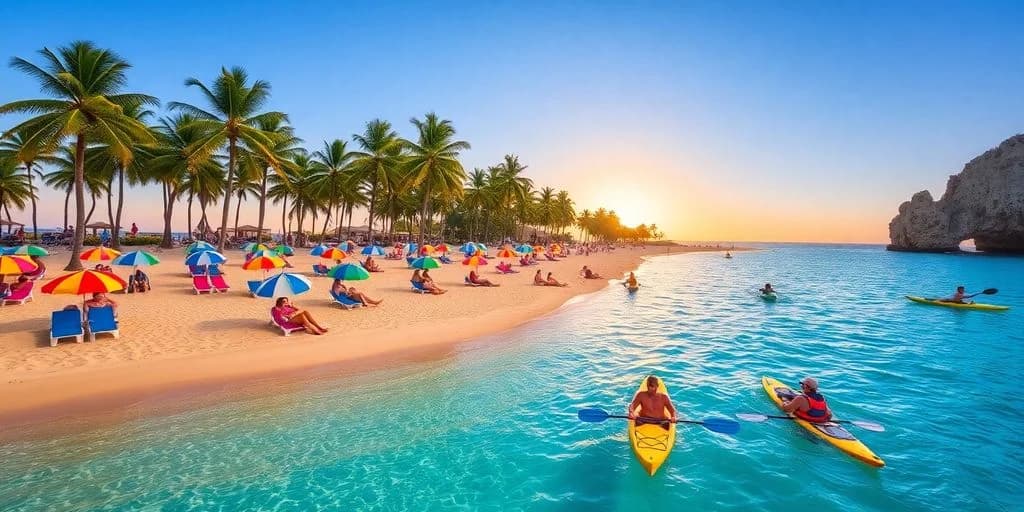 Crowded beach at Unforgettable Things to Do in Cabo: Your Ultimate Guide to Adventure and Relaxation with palm trees and