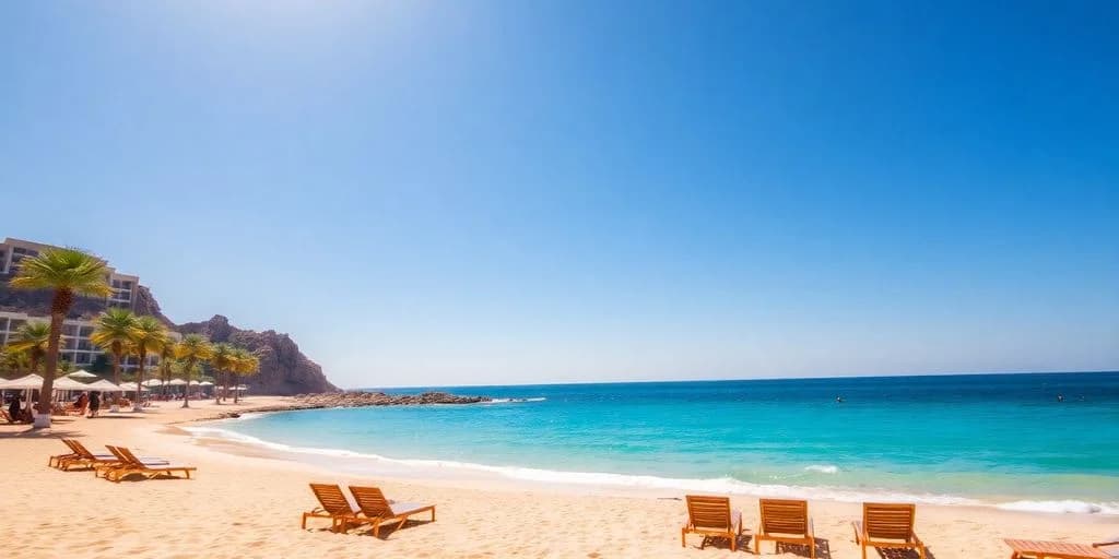 Empty beach at Viajes Todo Incluido a Cabo San Lucas¡Reserva Hoy! with blue ocean and clear sky