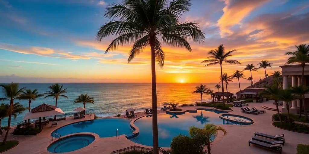 Resort pool sunset 1 at Villa del Palmar Cabo: Paradise Found! with palm tree and ocean view