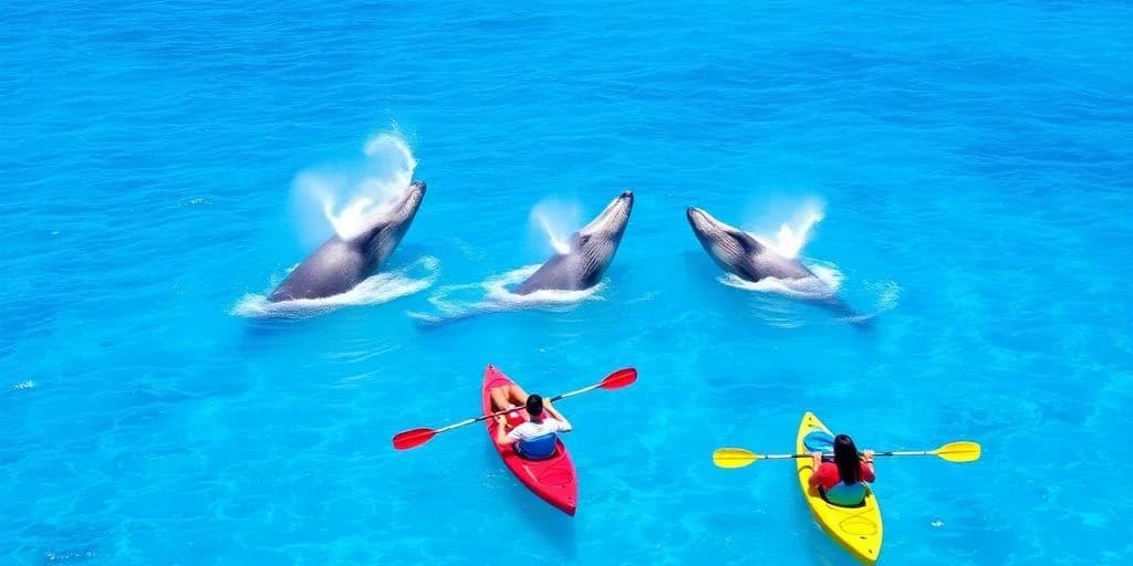 Kayaking at Whale Watching by Kayak in Cabo with whales breaching in ocean