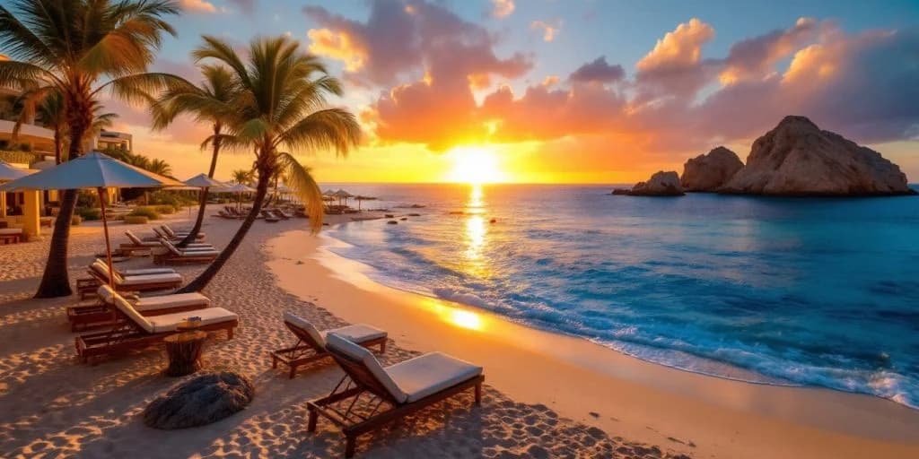 Beach sunset at What are the Best Resorts in Cabo (2026) with lounge chairs and ocean