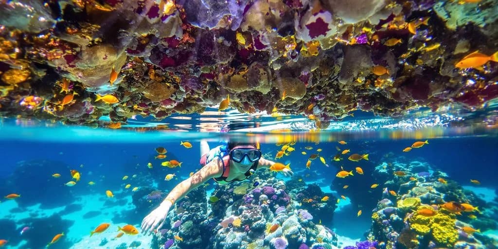 Person snorkeling at What is Snuba Diving? Try It in Cabo underwater with colorful fish