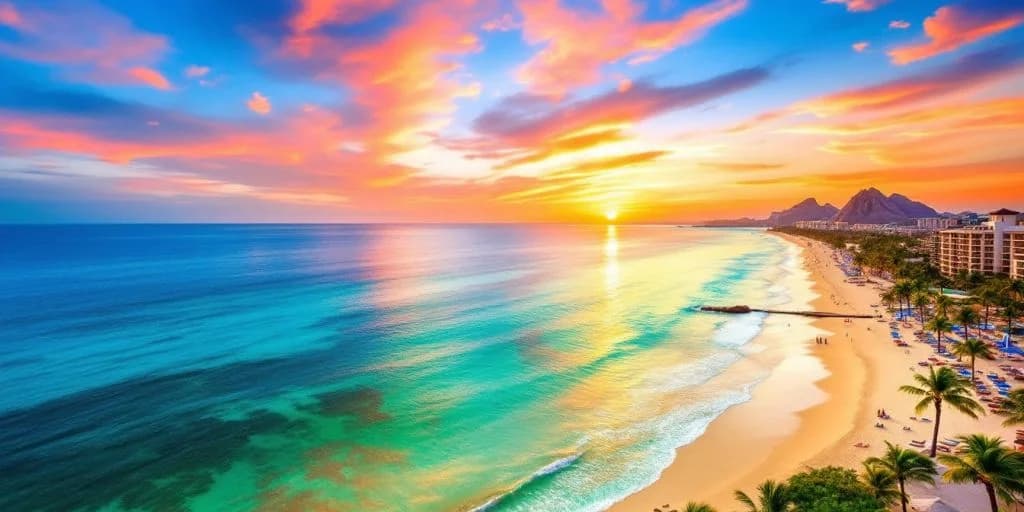 Beach aerial at What Makes Riu in Cabo a Top Choice for Travelers at sunset with colorful sky