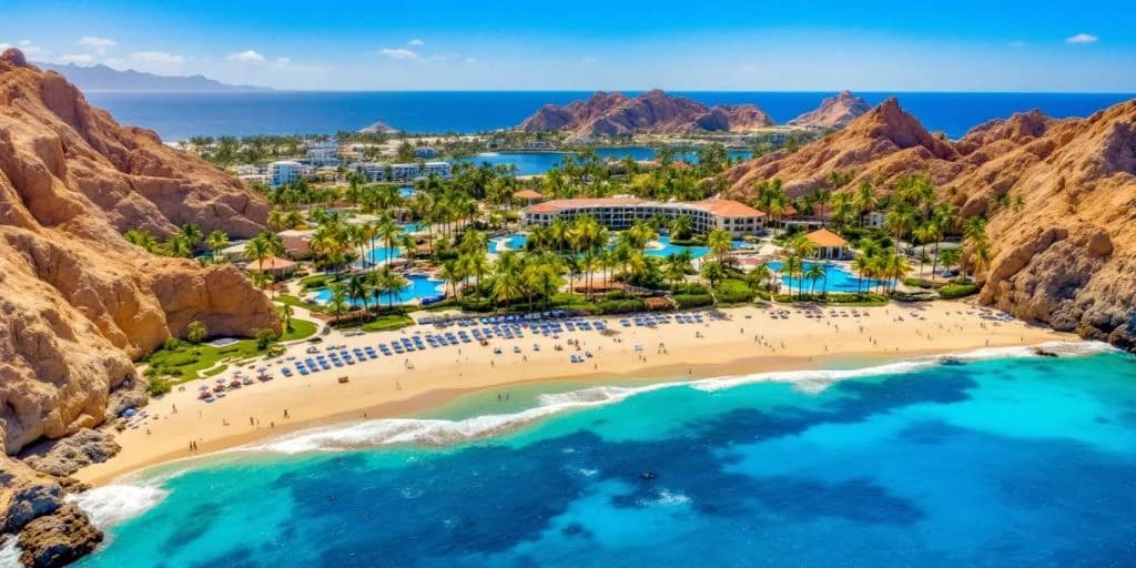 Resort aerial at What resorts are beachfront in Cabo (2026) with beach and ocean beyond