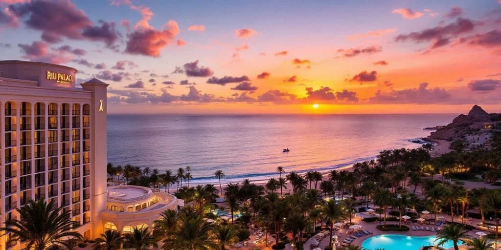 Beach sunset at What to Expect Inside Hotel Riu Palace Cabo San Lucas with palm trees and ocean