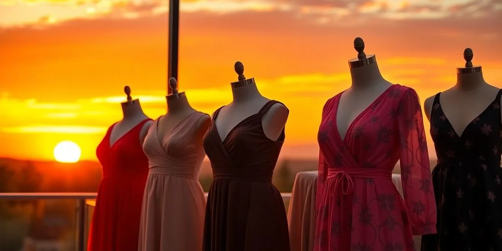 Mannequins dresses at What to Really Wear at Sunset Monalisa (Dress Code Guide) against a sunset sky