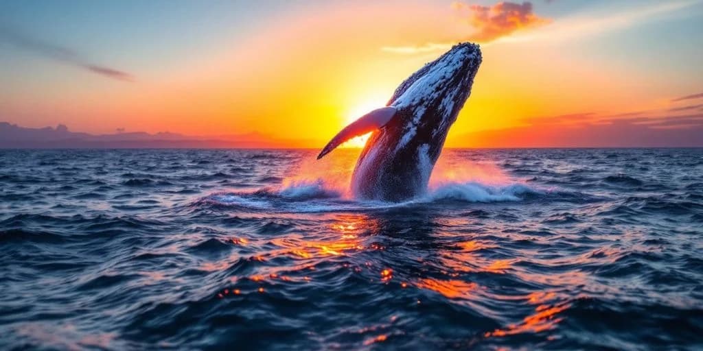 Whale breaching at When and Where to Go Whale Watching in Cabo at sunset with ocean spray